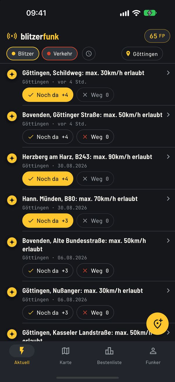 Die App blitzerfunk auf dem iPhone: Liste der aktuellen mobilen Blitzer in Göttingen, jeweils mit den Knöpfen Noch da und Weg