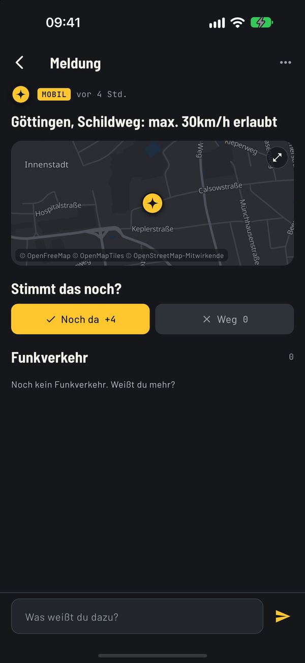 Detailansicht einer Meldung: Kartenausschnitt mit Position, darunter die Frage Stimmt das noch? mit Noch da und Weg sowie ein Feld für Kommentare